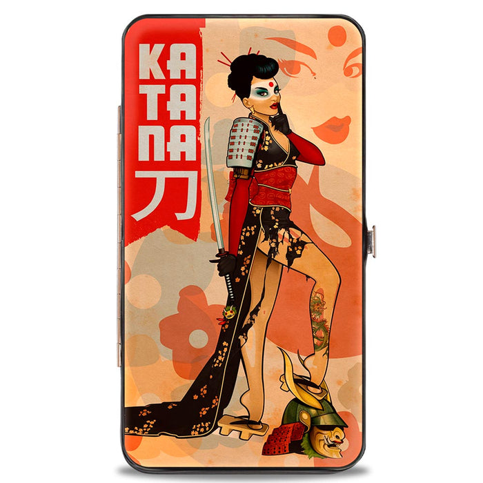 Hinged Wallet - KATANA Bombshell Pose Silhouette Face Flowers Tan Reds Hinged Wallets DC Comics