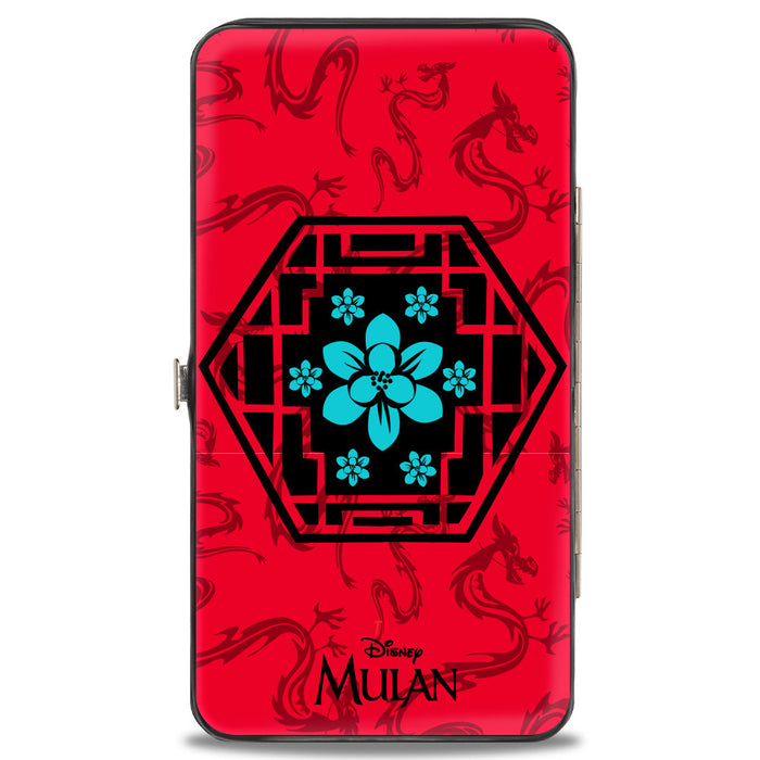 Hinged Wallet - Mulan Flower Lattice Mushu Icons Scattered Reds Black Blue Hinged Wallets Disney