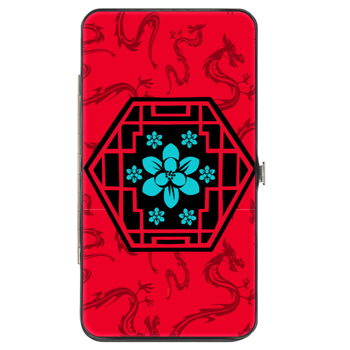 Hinged Wallet - Mulan Flower Lattice Mushu Icons Scattered Reds Black Blue Hinged Wallets Disney