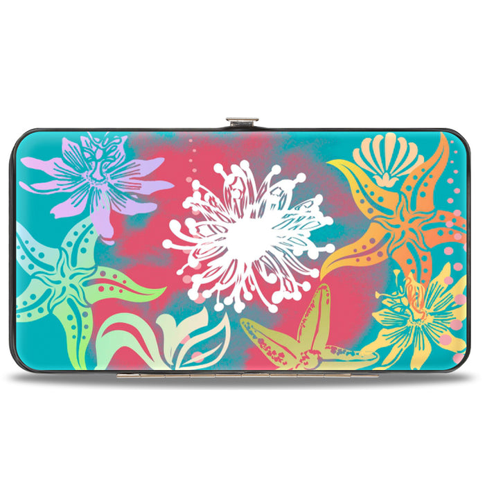 Hinged Wallet - Ariel Pose Silhouette Shells & Sea Flowers Collage Aqua Blue Multi Color Hinged Wallets Disney