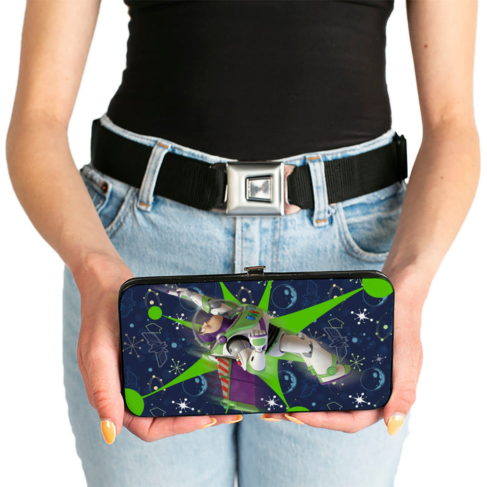 Hinged Wallet - Toy Story Buzz Lightyear Flight Pose + Space Ranger Logo Icons Blues Greens Hinged Wallets Disney