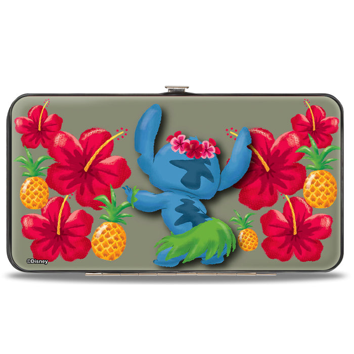 Hinged Wallet - Stitch Hula Pose Front + Back Hibiscus Flowers Pineapples Gray Hinged Wallets Disney