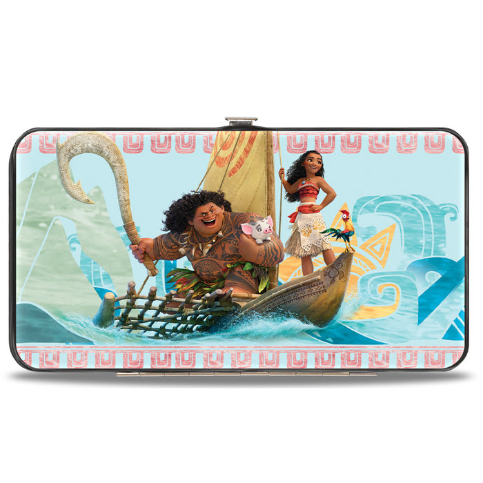 Hinged Wallet - Moana Voyage Group Pose Tribal Icons Collage Blues Multi Color Hinged Wallets Disney