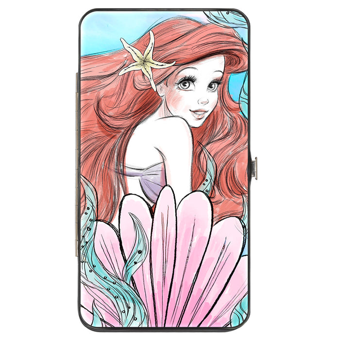 Hinged Wallet - The Little Mermaid Ariel Over Shoulder Sketch Pose + Tail Shells Kelp Blues Pinks Hinged Wallets Disney