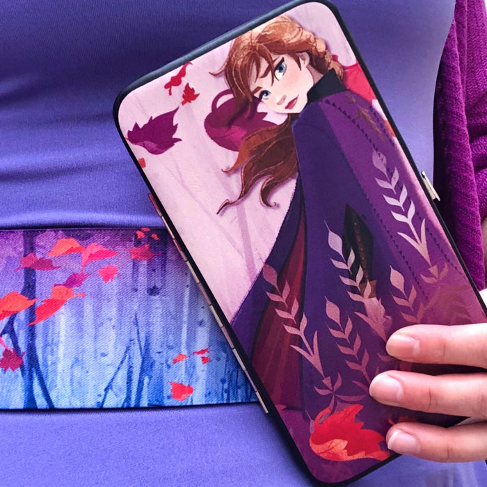 Hinged Wallet - Frozen II Anna Pose Swirling Leaves Purples Reds Hinged Wallets Disney