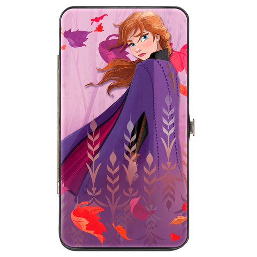 Hinged Wallet - Frozen II Anna Pose Swirling Leaves Purples Reds Hinged Wallets Disney