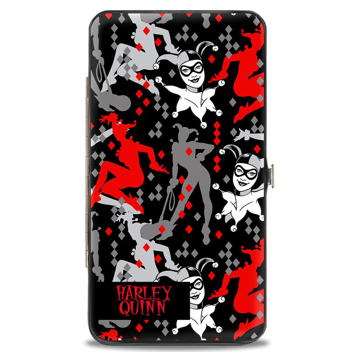 Hinged Wallet - Harley Quinn CRAZY Face Silhouette Poses Diamonds Black Grays Red White Hinged Wallets DC Comics