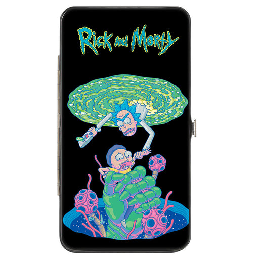 Hinged Wallet - Rick and Morty Portal Battle Scene + Botanical Cell Poses Collage Black Hinged Wallets Rick and Morty