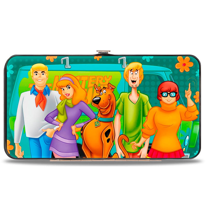 Hinged Wallet - Scooby Doo 5-Character Group Pose w Mystery Machine Turquoise Blues Orange Hinged Wallets Scooby Doo