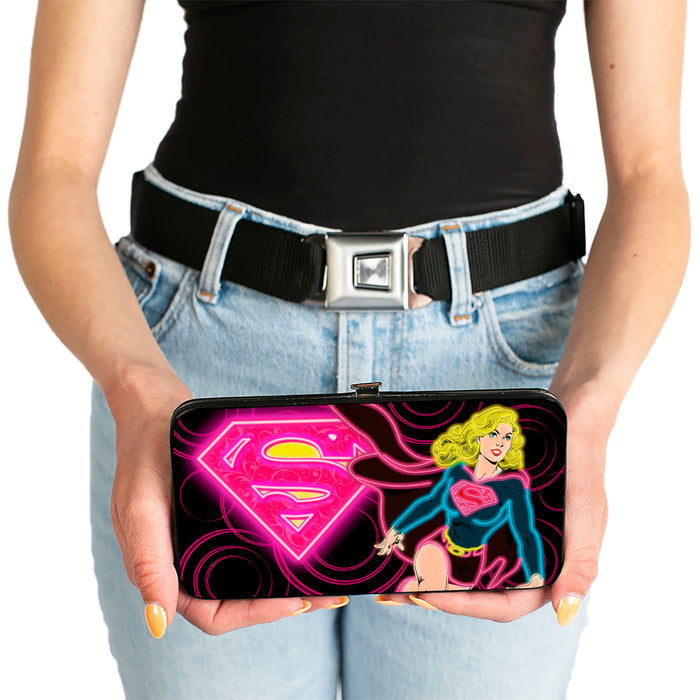 Hinged Wallet - Neon Super Shield Supergirl Pose Rings Black Pinks Yellow Hinged Wallets DC Comics