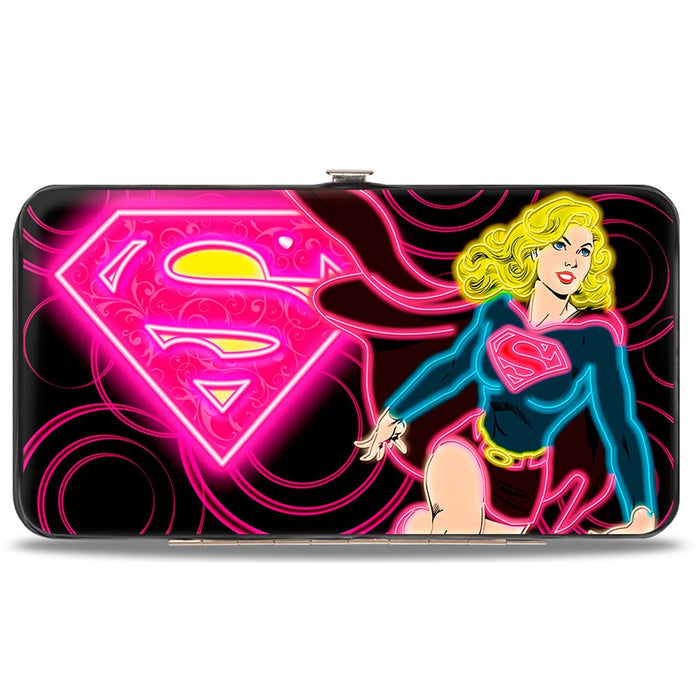 Hinged Wallet - Neon Super Shield Supergirl Pose Rings Black Pinks Yellow Hinged Wallets DC Comics