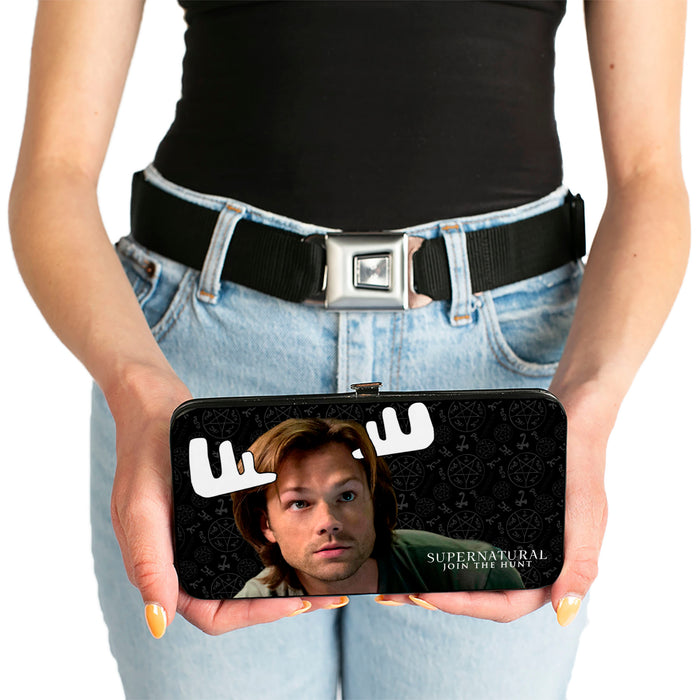 Hinged Wallet - SUPERNATURAL Sam Moose + Dean Sqirrel Poses Scattered Symbols Black Gray White Hinged Wallets Supernatural