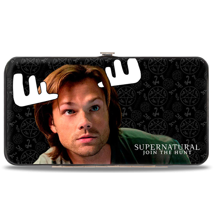 Hinged Wallet - SUPERNATURAL Sam Moose + Dean Sqirrel Poses Scattered Symbols Black Gray White Hinged Wallets Supernatural