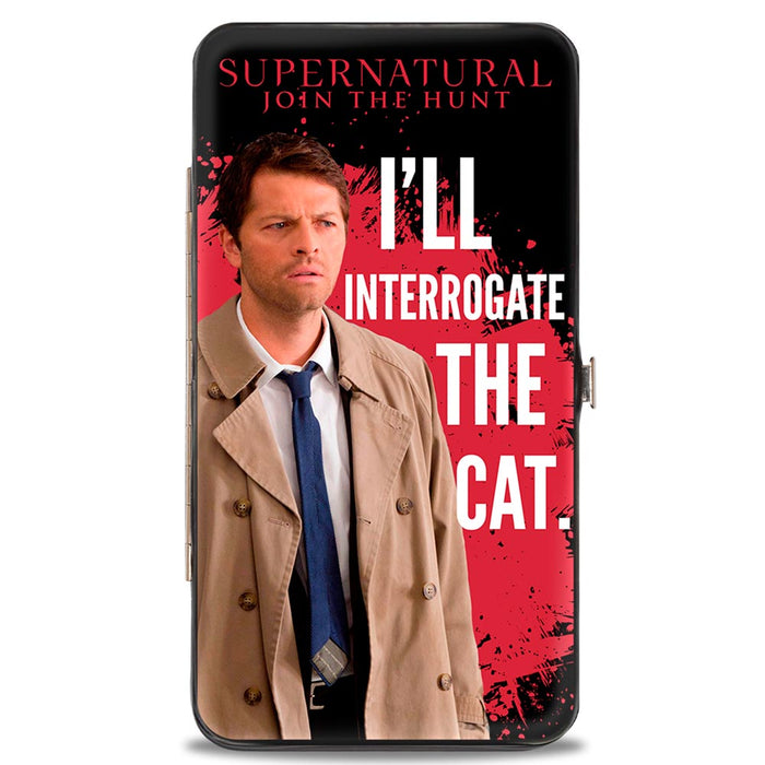 Hinged Wallet - Castiel I'LL INTERROGATE THE CAT Black Blood Splatter White Hinged Wallets Supernatural