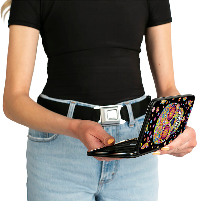 Hinged Wallet - Mariposa Calaveras Butterflies Flowers Black Multi Color Hinged Wallets Thaneeya McArdle