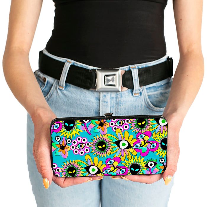 Hinged Wallet - Funky Alien Flowers Aqua Blue/Multi Color Hinged Wallets Buckle-Down