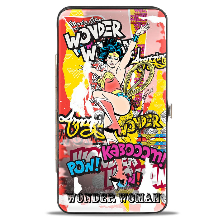 Hinged Wallet - Classic Wonder Woman Action Pose Verbiage Pop Art Collage Hinged Wallets DC Comics