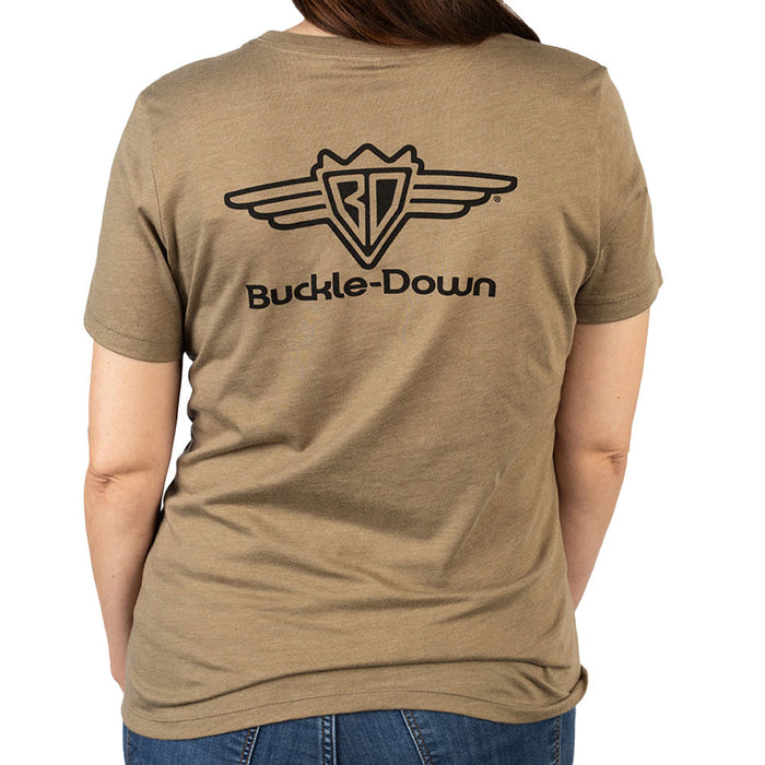 Women's T-Shirt - Buckle-Down Round Wings Logo and Buckle-Down Wings Logo Heather Tan/Black Apparel Buckle-Down, Inc.   