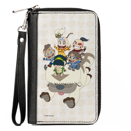 PU Zip Around Wallet Rectangle - Avatar Last Airbender Chibi Characters Group Pose on Appa with Icon Beige/Tan Clutch Zip Around Wallets Nickelodeon   