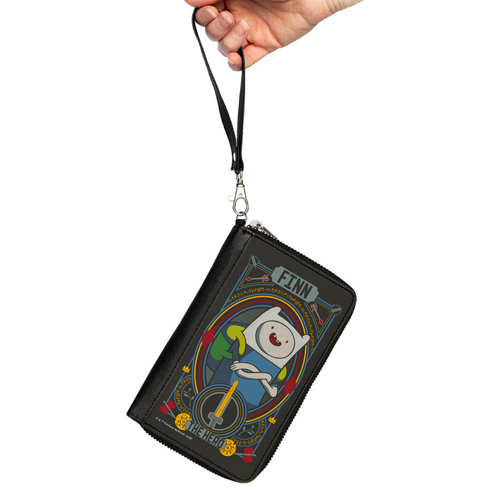 PU Zip Around Wallet Rectangle - Adventure Time FINN THE HERO Pose and Sword Icon Black/Multi Color Clutch Zip Around Wallets Cartoon Network   