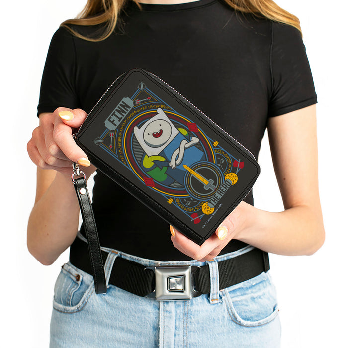 PU Zip Around Wallet Rectangle - Adventure Time FINN THE HERO Pose and Sword Icon Black/Multi Color Clutch Zip Around Wallets Cartoon Network   