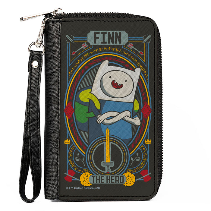 PU Zip Around Wallet Rectangle - Adventure Time FINN THE HERO Pose and Sword Icon Black/Multi Color Clutch Zip Around Wallets Cartoon Network   