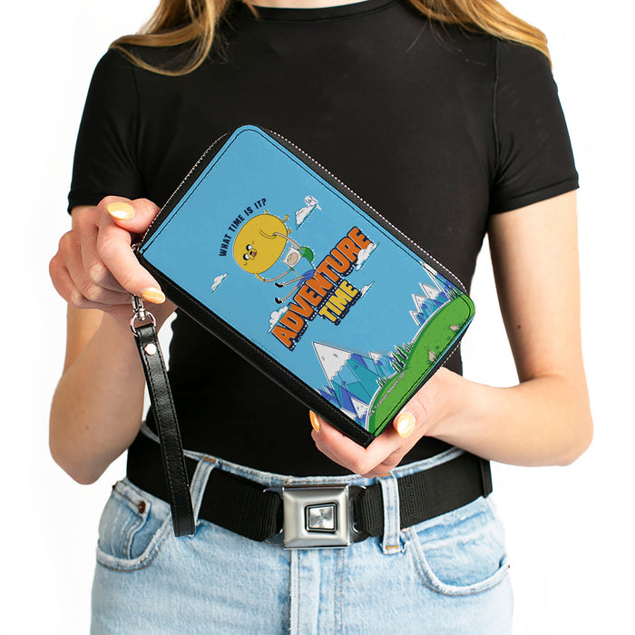 PU Zip Around Wallet Rectangle - ADVENTURE TIME Jake and Finn WHAT TIME IS IT Flying Pose Blue Clutch Zip Around Wallets Cartoon Network   