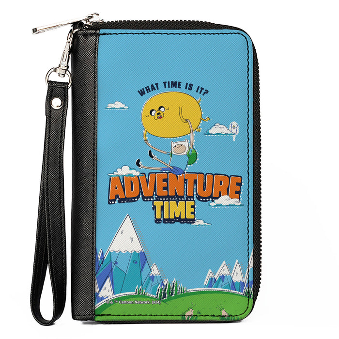 PU Zip Around Wallet Rectangle - ADVENTURE TIME Jake and Finn WHAT TIME IS IT Flying Pose Blue Clutch Zip Around Wallets Cartoon Network   