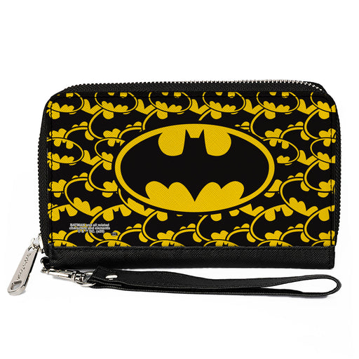 Women's PU Zip Around Wallet Rectangle - Bat Signal Centered Stacked Yellow Black Clutch Zip Around Wallets DC Comics   