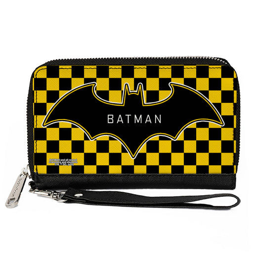 Women's PU Zip Around Wallet Rectangle - BATMAN Bat Logo Close-Up Checker Yellow Black Clutch Zip Around Wallets DC Comics   