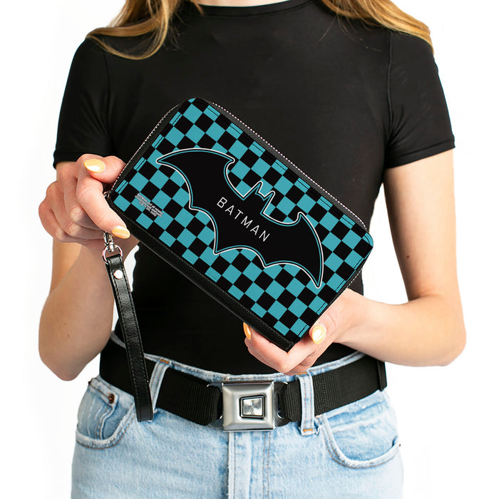 Women's PU Zip Around Wallet Rectangle - BATMAN Bat Logo Close-Up Checker Teal Black Clutch Zip Around Wallets DC Comics   