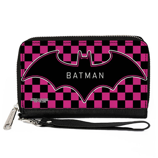Women's PU Zip Around Wallet Rectangle - BATMAN Bat Logo Close-Up Checker Fuchsia Black Clutch Zip Around Wallets DC Comics   