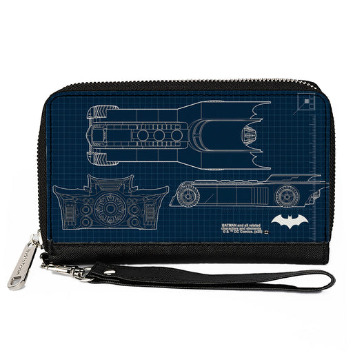 Women's PU Zip Around Wallet Rectangle - Batman Batmobile Blueprint Tech Turns Blues White Clutch Zip Around Wallets DC Comics   