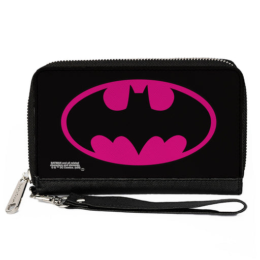 Women's PU Zip Around Wallet Rectangle - Batman Bat Logo Black Fuchsia Clutch Zip Around Wallets DC Comics   