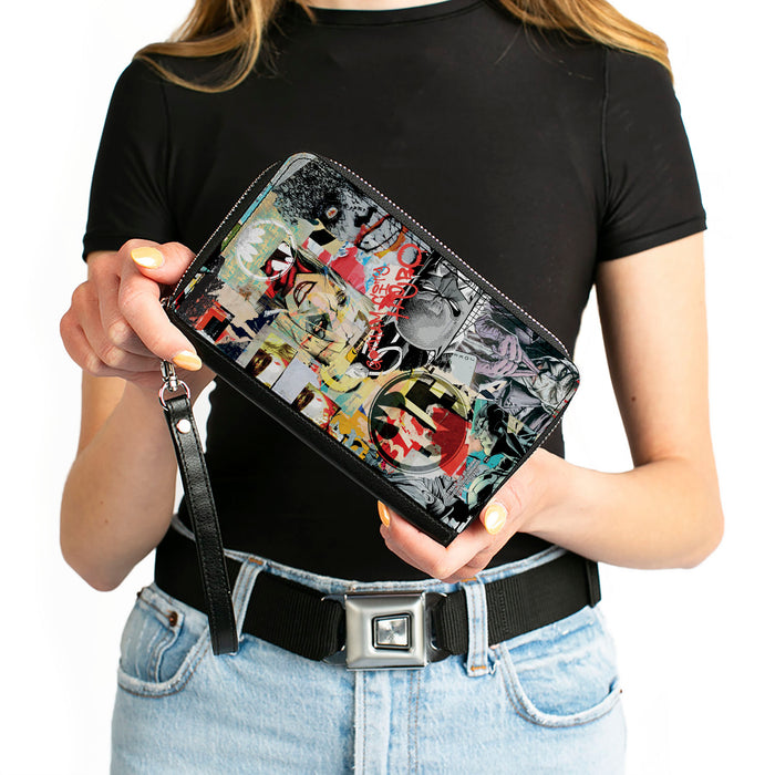 Women's PU Zip Around Wallet Rectangle - Batman and Gotham City Villains Torn Faces Graffiti Collage Clutch Zip Around Wallets DC Comics   