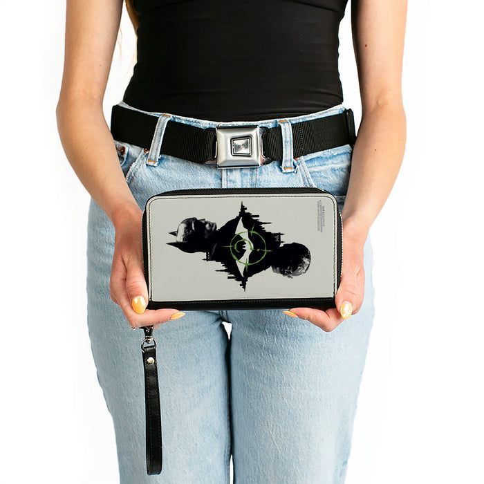 PU Zip Around Wallet Rectangle - The Batman Movie Batman and Riddler Poses and Logos Cityscape Grays Black Green Clutch Zip Around Wallets DC Comics   