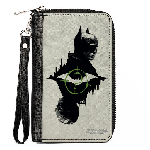 PU Zip Around Wallet Rectangle - The Batman Movie Batman and Riddler Poses and Logos Cityscape Grays Black Green Clutch Zip Around Wallets DC Comics   