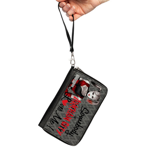 PU Zip Around Wallet Rectangle - Harley Quinn SOMEBODY IN ARKHAM CITY LOVES ME Grays/Black/Red Clutch Zip Around Wallets DC Comics   