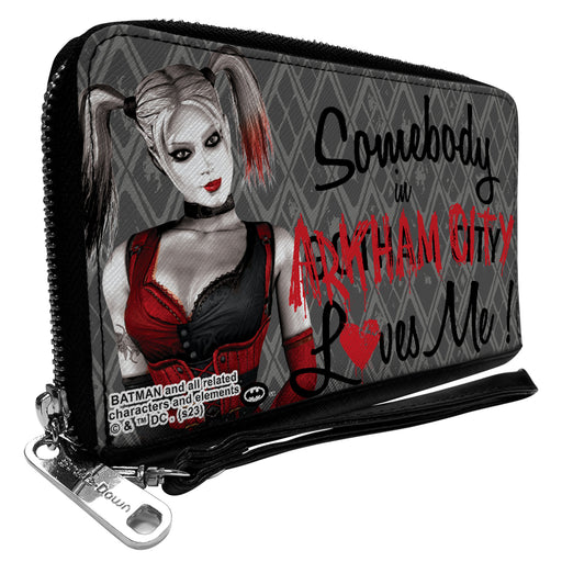 PU Zip Around Wallet Rectangle - Harley Quinn SOMEBODY IN ARKHAM CITY LOVES ME Grays/Black/Red Clutch Zip Around Wallets DC Comics   