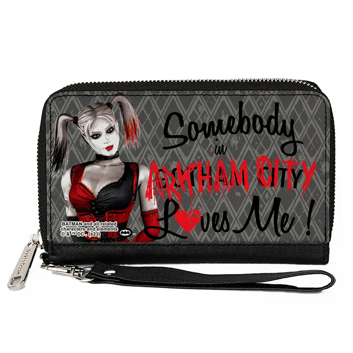 PU Zip Around Wallet Rectangle - Harley Quinn SOMEBODY IN ARKHAM CITY LOVES ME Grays/Black/Red Clutch Zip Around Wallets DC Comics   