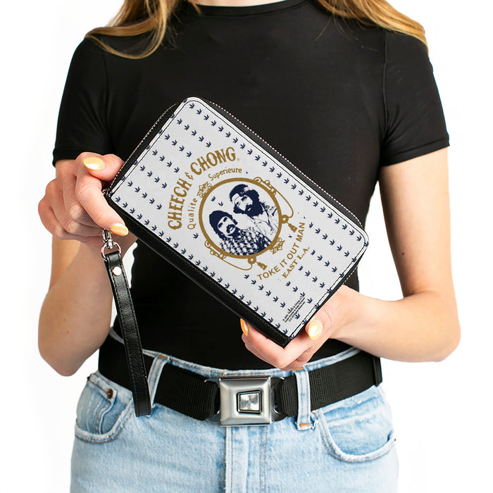 PU Zip Around Wallet Rectangle - CHEECH & CHONG Rolling Papers Mirror Pot Leaves White/Blue/Gold Clutch Zip Around Wallets Cheech & Chong   
