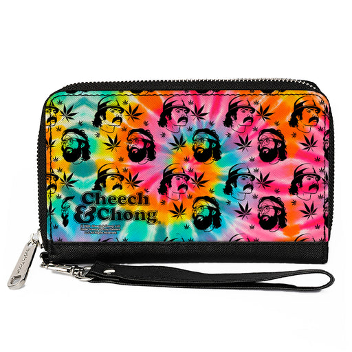 PU Zip Around Wallet Rectangle - CHEECH & CHONG Caricature Faces Pot Leaves Scattered Tie Dye Multi Color/Black Clutch Zip Around Wallets Cheech & Chong   