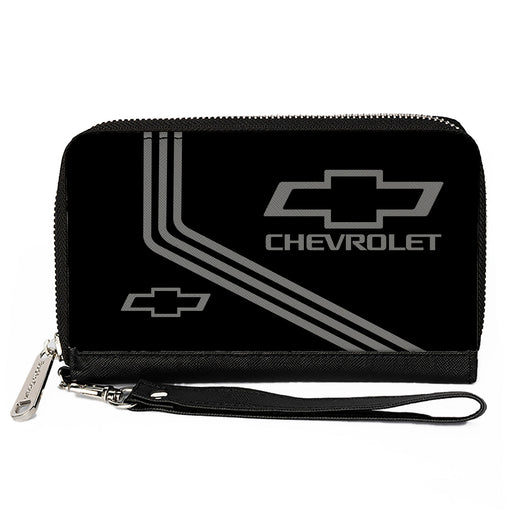 PU Zip Around Wallet Rectangle - CHEVROLET Bowtie Logo and Stripes Black/Gray Clutch Zip Around Wallets GM General Motors   