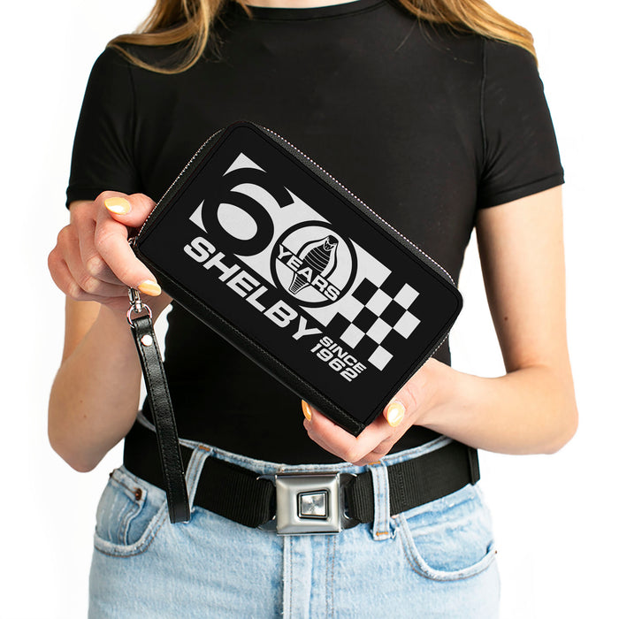 PU Zip Around Wallet Rectangle - Carroll Shelby 60 YEARS-SHELBY SINCE 1962 Checker Logo Black/White Clutch Zip Around Wallets Carroll Shelby   