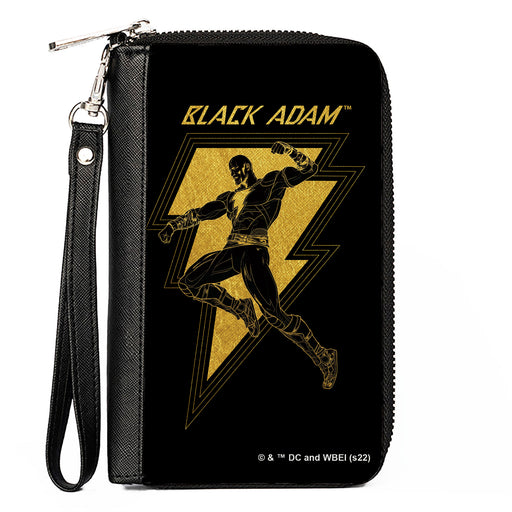 PU Zip Around Wallet Rectangle - BLACK ADAM Lightning Bolt and Action Pose Black Yellows Clutch Zip Around Wallets DC Comics   