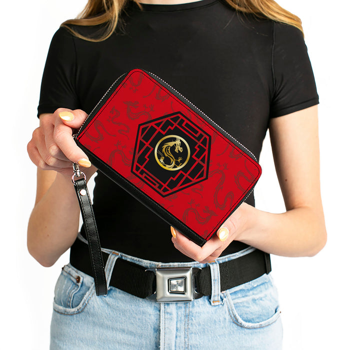 Women's PU Zip Around Wallet Rectangle - Mulan Mushu Cri-kee Lattice Mushu Icons Scattered Reds Black Golds Clutch Zip Around Wallets Disney   