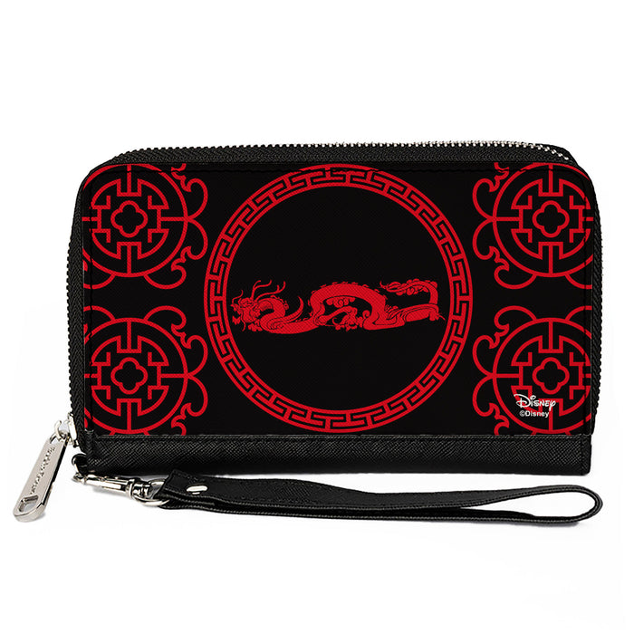 Women's PU Zip Around Wallet Rectangle - Mulan Dragon Icon Lattice Pattern Black Red Clutch Zip Around Wallets Disney   