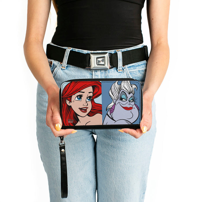 Women's PU Zip Around Wallet Rectangle - The Little Mermaid Ariel and Ursula Face Blocks