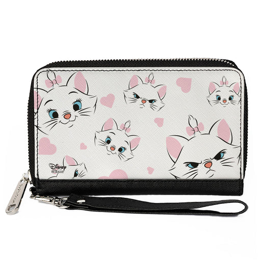 Women's PU Zip Around Wallet Rectangle - Aristocats Marie Expressions Hearts Scattered White Pink Clutch Zip Around Wallets Disney   