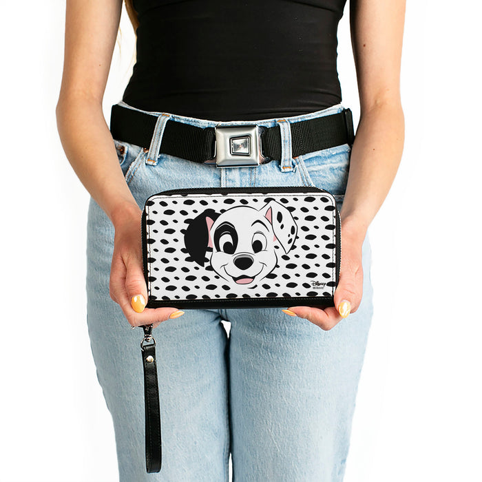 Women's PU Zip Around Wallet Rectangle - 101 Dalmatians Patch Smiling Spots White Black Clutch Zip Around Wallets Disney   